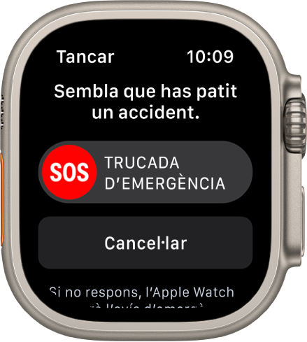 Pantalla de detecció d’accidents amb el regulador “Trucada d’emergència” i el botó Cancel·lar.