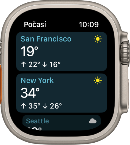 Aplikace Počasí s podrobnostmi o počasí pro dvě města v seznamu.