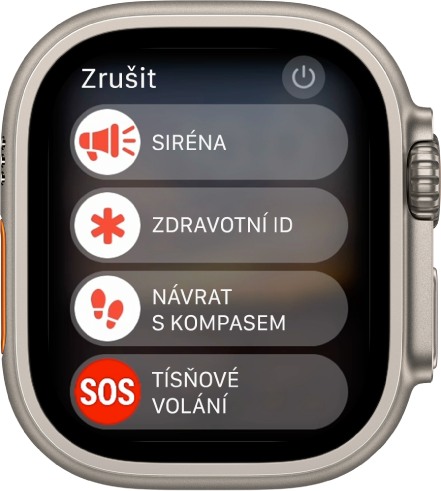 Displej Apple Watch se čtyřmi jezdci: Siréna, Zdravotní ID, Návrat a Tísňové volání. Vpravo nahoře je umístěné tlačítko Napájení.