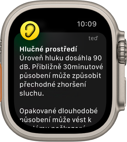 Apple Watch s upozorněním na hluk. Ikona aplikace, k níž oznámení patří, se zobrazuje vlevo nahoře. Klepnutím na tuto ikonu aplikaci otevřete.