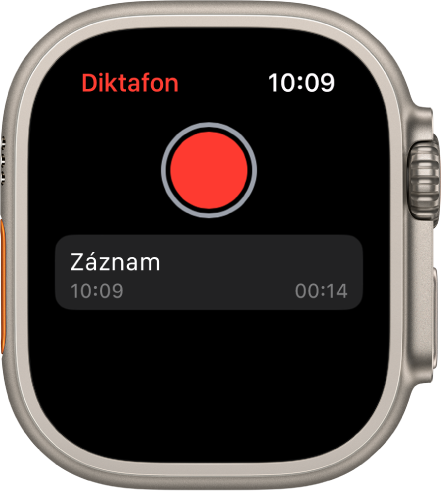 Obrazovka Diktafon na Apple Watch. U horního okraje je umístěné červené tlačítko Záznam. Pod ním se zobrazuje pořízená nahrávka. U nahrávky je uveden čas jejího pořízení a její délka.