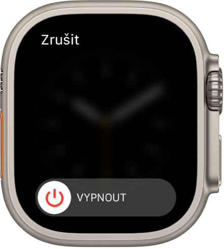Obrazovka Apple Watch s jezdcem Vypnout. Přetažením jezdce hodinky Apple Watch vypnete.
