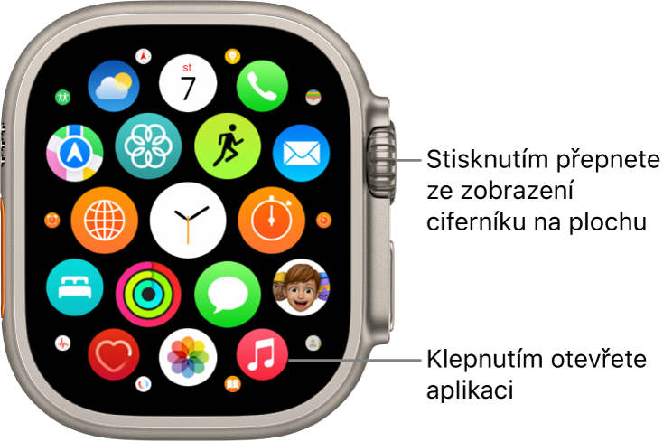 Plocha na Apple Watch v zobrazení Mřížka se shlukem aplikací. Klepněte na aplikaci, kterou chcete otevřít. Další aplikace zobrazíte tažením.