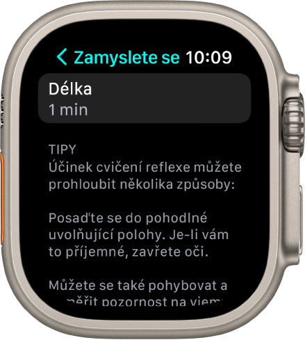 Obrazovka aplikace Všímavost, na níž je nahoře zobrazená doba jedné minuty. Pod ní jsou tipy a návrhy, jak vylepšit cvičení reflexe.