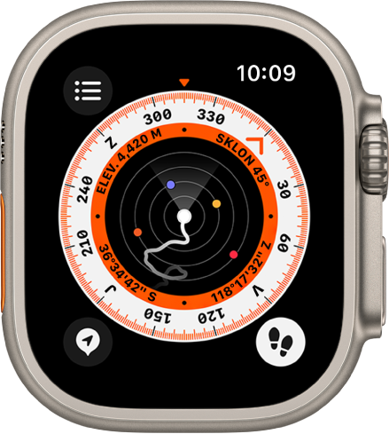 Aplikace Kompas s obrazovkou pro body cesty s aktivní funkcí Návrat. Na obrazovce jsou vidět dva body cesty. Cesta se zobrazuje jako šedá čára.