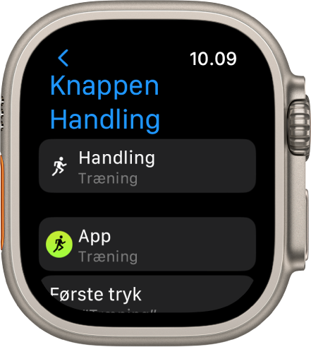 Skærmen med knappen Handling på Apple Watch Ultra, der viser Træning som den tildelte handling og app. Appen Træning åbnes, når der trykkes en enkelt gang på knappen Handling.