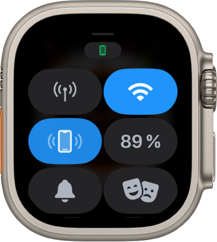 Kontrolcenter viser seks knapper – Mobil, Wi-Fi, Ping iPhone, Batteri, Lydløs og Forestilling. Knapperne Wi-Fi og Ping iPhone er fremhævet.