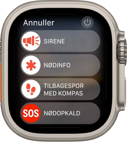 Der vises fire mærker på skærmen på Apple Watch: Sirene, Nødinfo, appen Kompas med Find tilbage og Nødopkald SOS. Afbryderknappen er placeret øverst til højre.