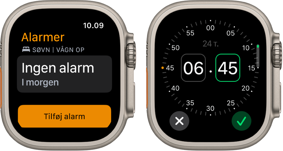To urskærme, der viser, hvordan en alarm tilføjes: Tryk på Tilføj alarm (og AM eller PM hvis relevant), drej på Digital Crown for at justere tiden, og tryk på knappen Indstil.