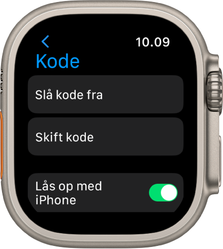 Indstillinger til kode på Apple Watch med knappen Slå kode fra øverst, knappen Skift kode derunder og knappen Lås op med iPhone nederst.