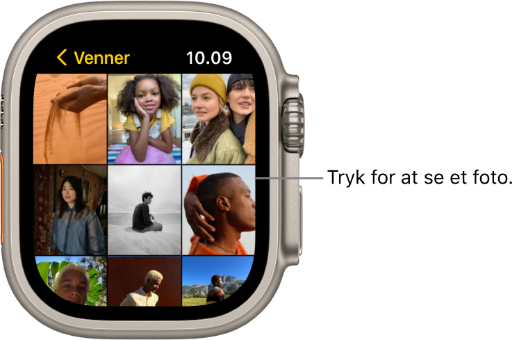 Hovedskærmen i appen Fotos på Apple Watch med flere fotos vist i et net.