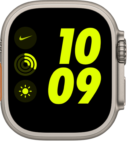 Urskiven Nike Digital. Tiden vises med store tal til højre. Til venstre findes Nike-appens komplikation øverst til venstre, Aktivitet-komplikationen findes i midten, og Vejrforhold-komplikationen findes nedenunder.