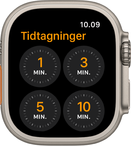 Skærm med appen Tidtagning, der viser hurtige tidtagninger på 1, 3, 5 eller 10 minutter.