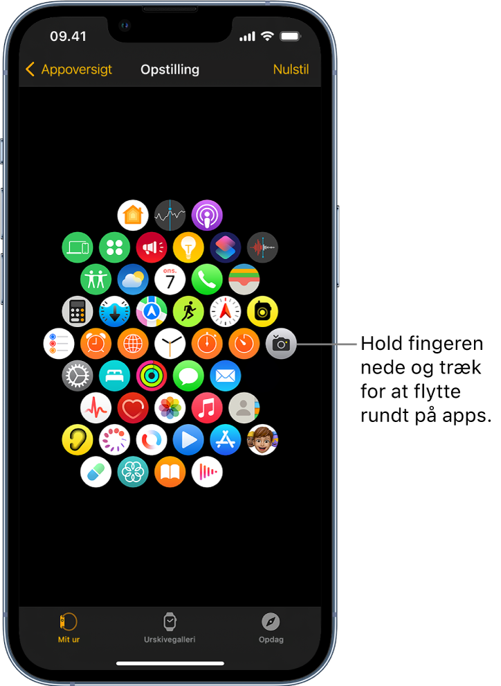 Arrangementskærmen i appen Watch, der viser et net af symboler.