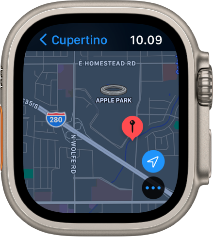 Appen Kort viser et kort med en rød knappenål, som kan bruges til at finde den omtrentlige adresse på et sted på kortet eller som destination i en vejvisning.