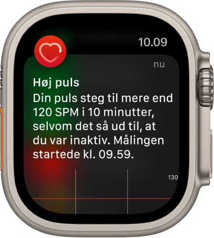 En skærm med advarsel om puls, der indikerer, at der er registreret en høj puls.