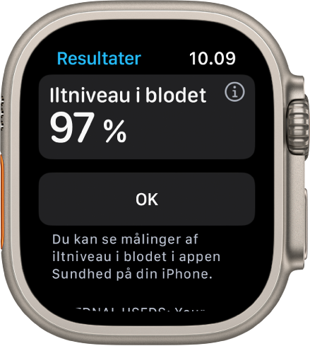 Skærmen Iltniveau i blodet, som viser en iltmætning i blodet på 97 procent. Knappen OK er nedenunder.