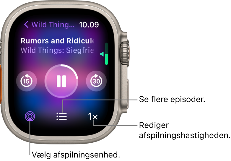 En skærm med Podcasts, der afspilles nu, som viser seriens titel, episodens titel, dato, knappen Hop 15 sekunder tilbage, knappen Pause, knappen Hop 30 sekunder frem, knappen AirPlay, knappen Episoder og knappen Afspilningshastighed.