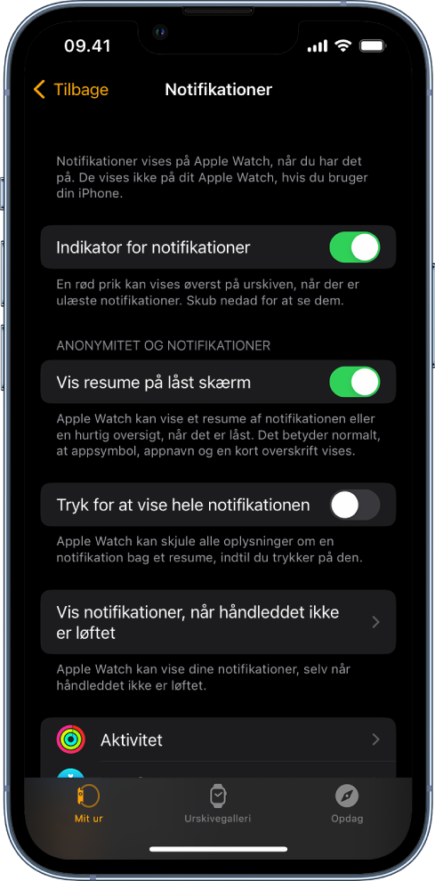 Skærmen Notifikationer i appen Watch på iPhone, som viser kilder til notifikationer.