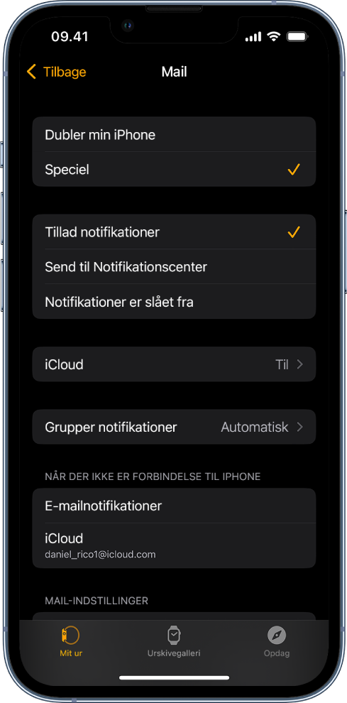E-mailindstillinger i appen Apple Watch, der viser indstillinger til notifikationer og e-mailkonti.