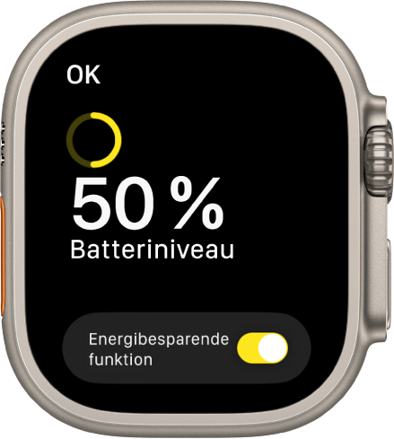 Skærmen Energibesparende funktion viser en del af en gul ring, som angiver den resterende spænding, ordene 50 procent batteritid tilbage og knappen Energibesparende funktion nederst.