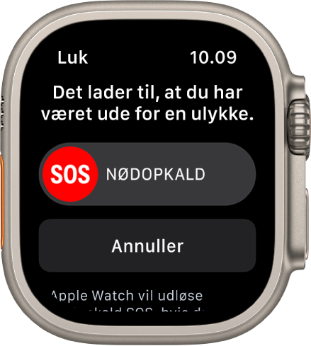 Skærmen Registrering af ulykke, der viser et mærke med Nødopkald og knappen Annuller.