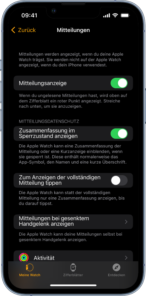 Die Anzeige „Mitteilungen“ in der Apple Watch-App auf dem iPhone mit verschiedenen Quellen für Mitteilungen.