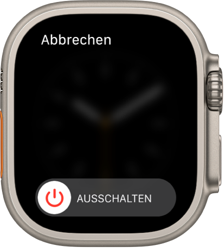 Die Apple Watch mit dem Regler „Ausschalten“. Bewege den Regler, um die Apple Watch auszuschalten.