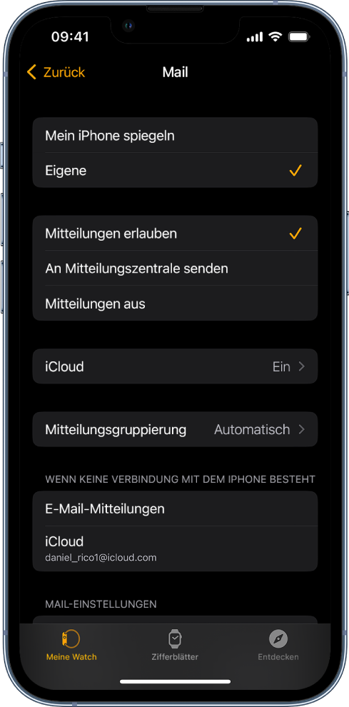 Die Einstellungen für die App „Mail“ in der Apple Watch-App mit Einstellungen für Mitteilungen und E-Mail-Accounts.