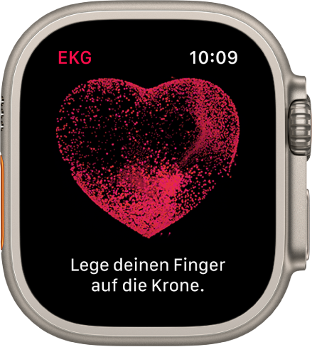 Die EKG-App mit dem Bild eines Herzens und dem Text „Lege deinen Finger auf die Krone.“