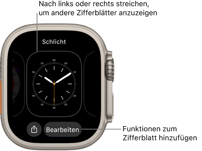 Wenn du den Finger auf das Zifferblatt legst, wird das aktuelle Zifferblatt mit den Tasten „Teilen“ und „Bearbeiten“ angezeigt. Der Name des Zifferblatts befindet sich oben. Streiche nach links oder rechts, um andere Zifferblattoptionen anzuzeigen. Tippe auf eine Komplikation, um die gewünschten Funktionen hinzuzufügen.