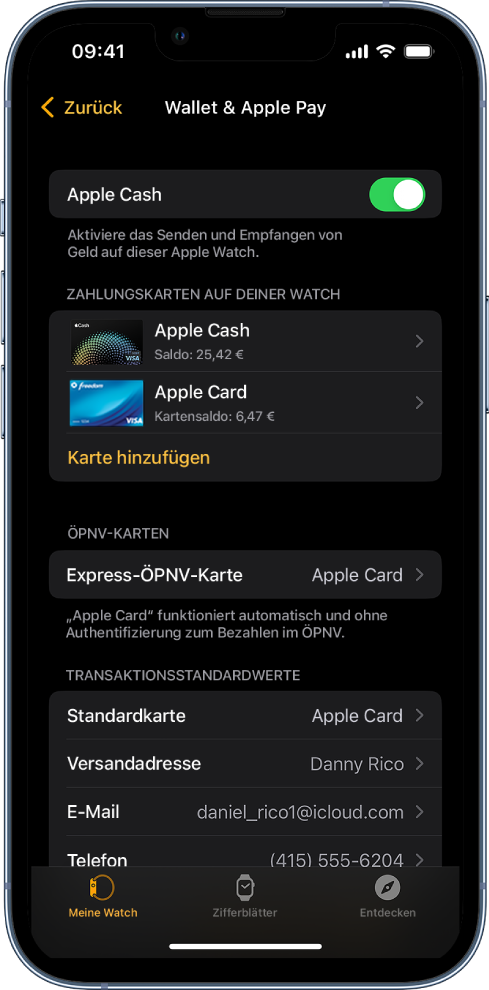 Bildschirm „Wallet & Apple Pay“ in der Apple Watch-App auf dem iPhone. Es werden die Karten angezeigt, die du zur Apple Watch hinzugefügt hast, sowie die Express-ÖPNV-Karten und die Standardeinstellungen für Transaktionen.