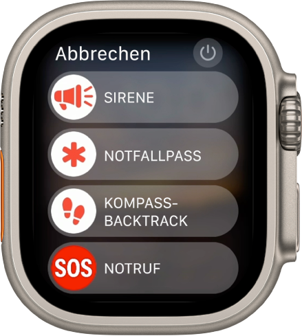 Display der Apple Watch mit vier Reglern: „Sirene“, „Notfallpass“, „Kompass-Backtrack“ und „Notruf“. Oben rechts befindet sich die Taste „Ausschalten“.