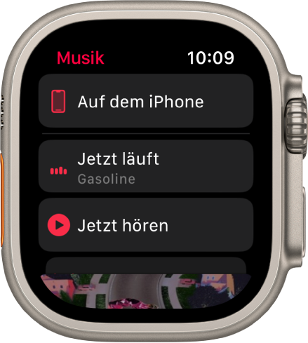 Die App „Musik“ zeigt eine Liste mit den Tasten „Auf dem iPhone“, „Jetzt läuft“ und „Jetzt hören“. Scrolle nach unten, um das Albumcover zu sehen.