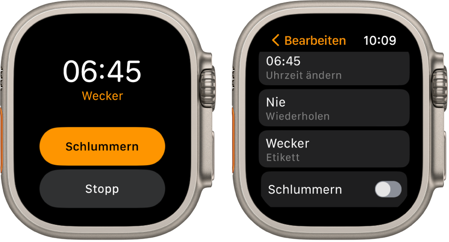 Zwei Ansichten der Apple Watch: Eine Uhr zeigt ein Zifferblatt mit den Tasten „Schlummern“ und „Stopp“, die andere Einstellungen für „Wecker bearbeiten“ und darunter die Tasten „Uhrzeit ändern“, „Wiederholen“ und „Etikett“. Die Option „Schlummern“ befindet sich unten. Die Option „Schlummern“ ist deaktiviert.