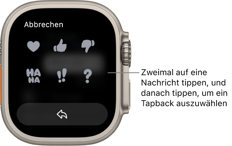 Eine Konversation in „Nachrichten“ mit Optionen für Tapback: Herz, Daumen hoch, Daumen runter, Ha Ha, !! und ?. Darunter befindet sich die Taste „Antworten“.