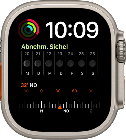 Das Zifferblatt „Modular Duo“ zeigt eine digitale Uhr oben rechts, eine Komplikation „Aktivität“ oben links, eine Komplikation „Mondphase“ in der Mitte sowie unten eine Komplikation „Kompass“.
