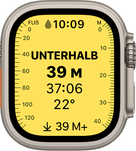 Die App „Tiefe“ mit einer Warnung, dass du dich in einer Tiefe von mehr als 130 Fuß befindest. Darunter werden die Zeit unter Wasser, die Wassertemperatur und die maximale Tiefe angezeigt.