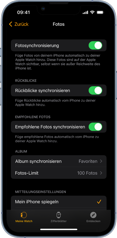 Einstellungen für „Fotos“ in der Apple Watch-App auf dem iPhone mit der Einstellung „Fotosync“ in der Mitte und der Einstellung „Fotos-Limit“ darunter.