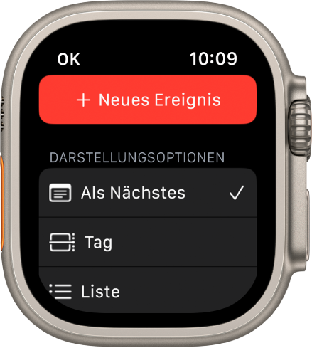 Die App „Kalender“ – oben ist die Taste „Neues Ereignis“ zu sehen. Darunter befinden sich drei Anzeigeoptionen: „Als Nächstes“, „Tag“ und „Liste“.