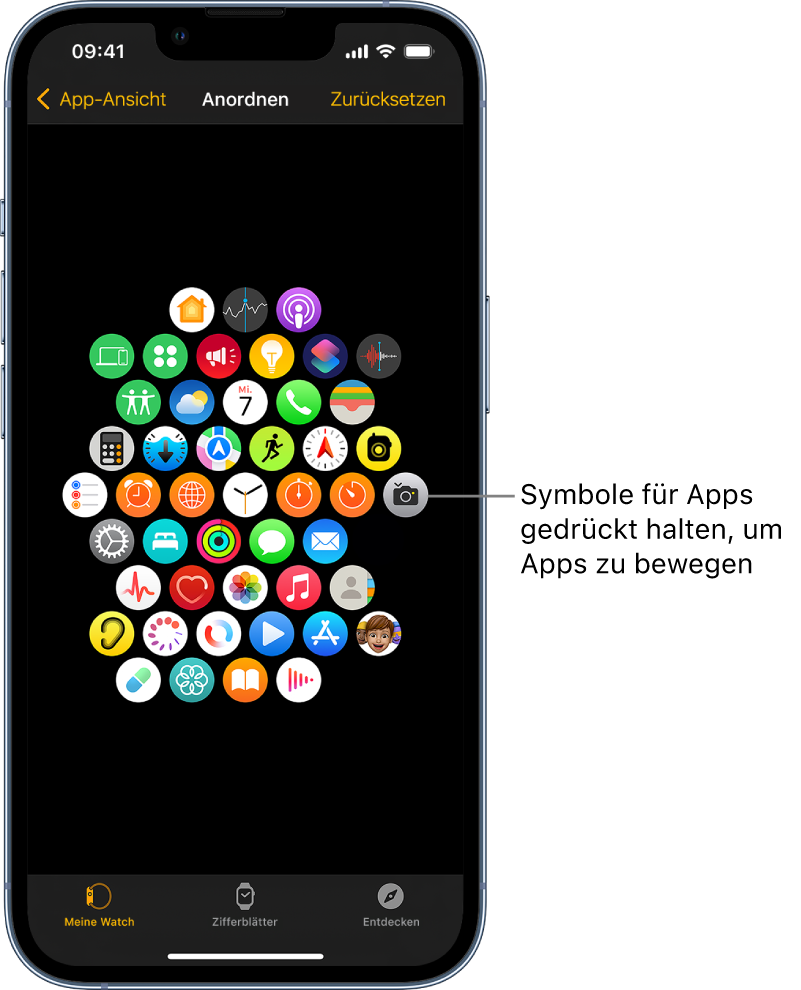 Die Anzeige „Apps anordnen“ der Apple Watch-App mit in einem Raster angeordneten Apps.