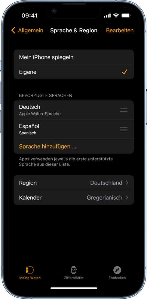 Die Anzeige „Sprache & Region“ in der Apple Watch-App mit „Englisch“ und „Spanisch“ als „Bevorzugte Sprachen“.