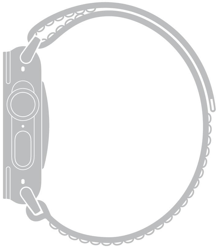 Seitenansicht des Armbands „Trail Loop“ – die gefaltete Seite des Bands befindet sich oben an der Apple Watch Ultra.