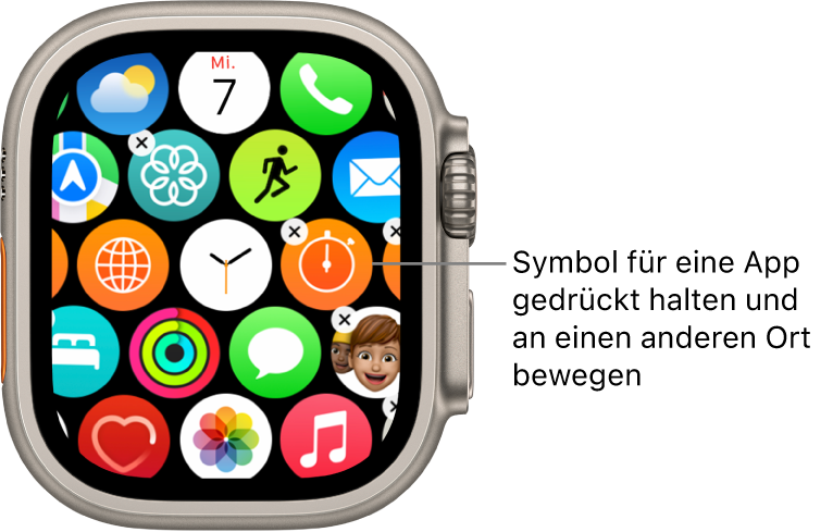 Home-Bildschirm auf der Apple Watch in der Rasterdarstellung.