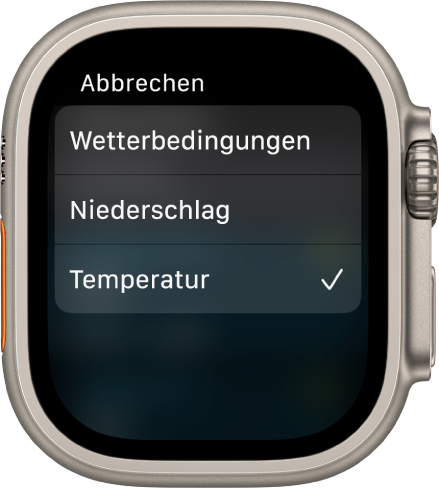 Die App „Wetter“ mit drei Optionen – „Wetterbedingungen“, „Niederschlag“ und „Temperatur“.