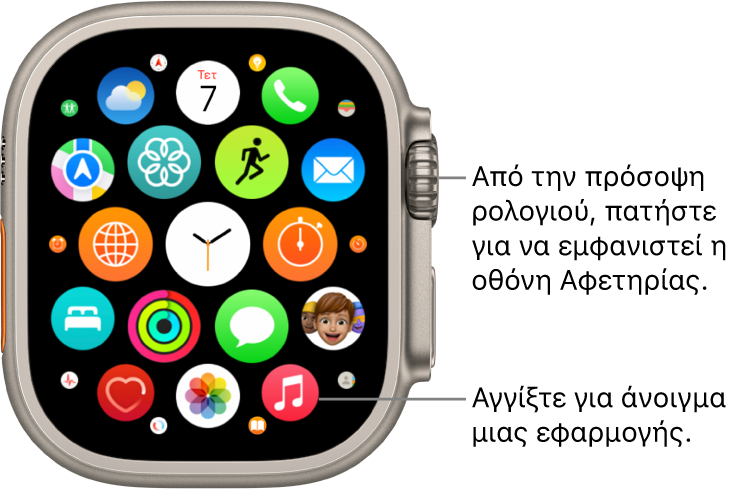 Η οθόνη Αφετηρίας σε προβολή πλέγματος στο Apple Watch, με εφαρμογές σε συστάδα. Αγγίξτε μια εφαρμογή για να την ανοίξετε. Σύρετε για να δείτε περισσότερες εφαρμογές.