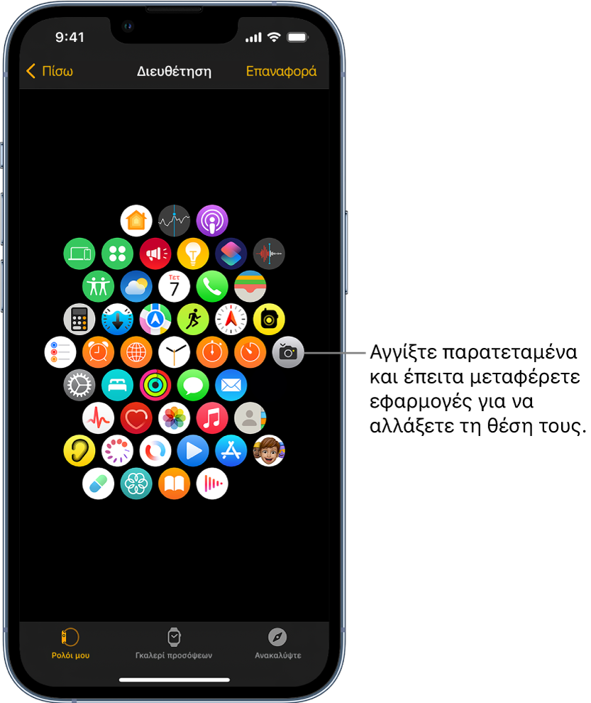 Η οθόνη «Διευθέτηση» στην εφαρμογή Apple Watch όπου εμφανίζεται ένα πλέγμα εικονιδίων.