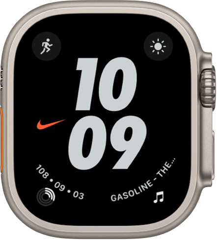 The Nike Hybrid watch face with large numerals showing the time in the middle. The Workout complication is at the top left, Weather Conditions complication is at the top right, the Activity complication is at the bottom left, and the Music complication is at the bottom right.