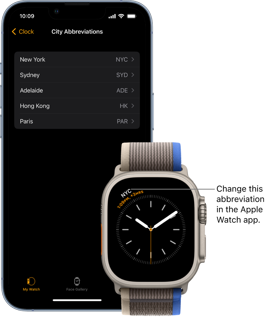 An iPhone and Apple Watch, side by side. The Apple Watch screen shows the time in New York City, using the abbreviation NYC. The iPhone screen shows the list of cities in City Abbreviations settings, in Clock settings in the Apple Watch app.