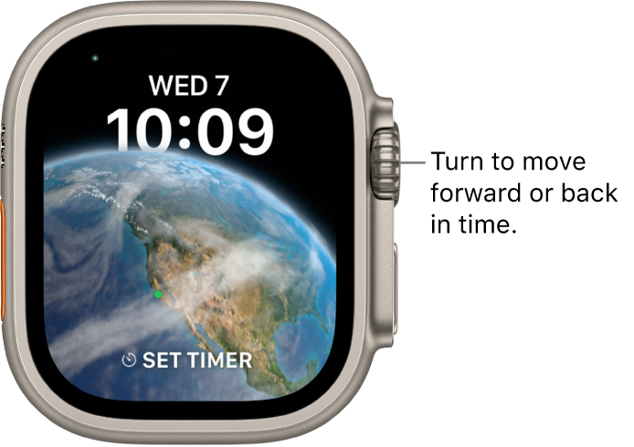 The Astronomy watch face, which displays the day, date, and current time. A timer complication is at the bottom. Turn the Digital Crown to move forward or back in time.